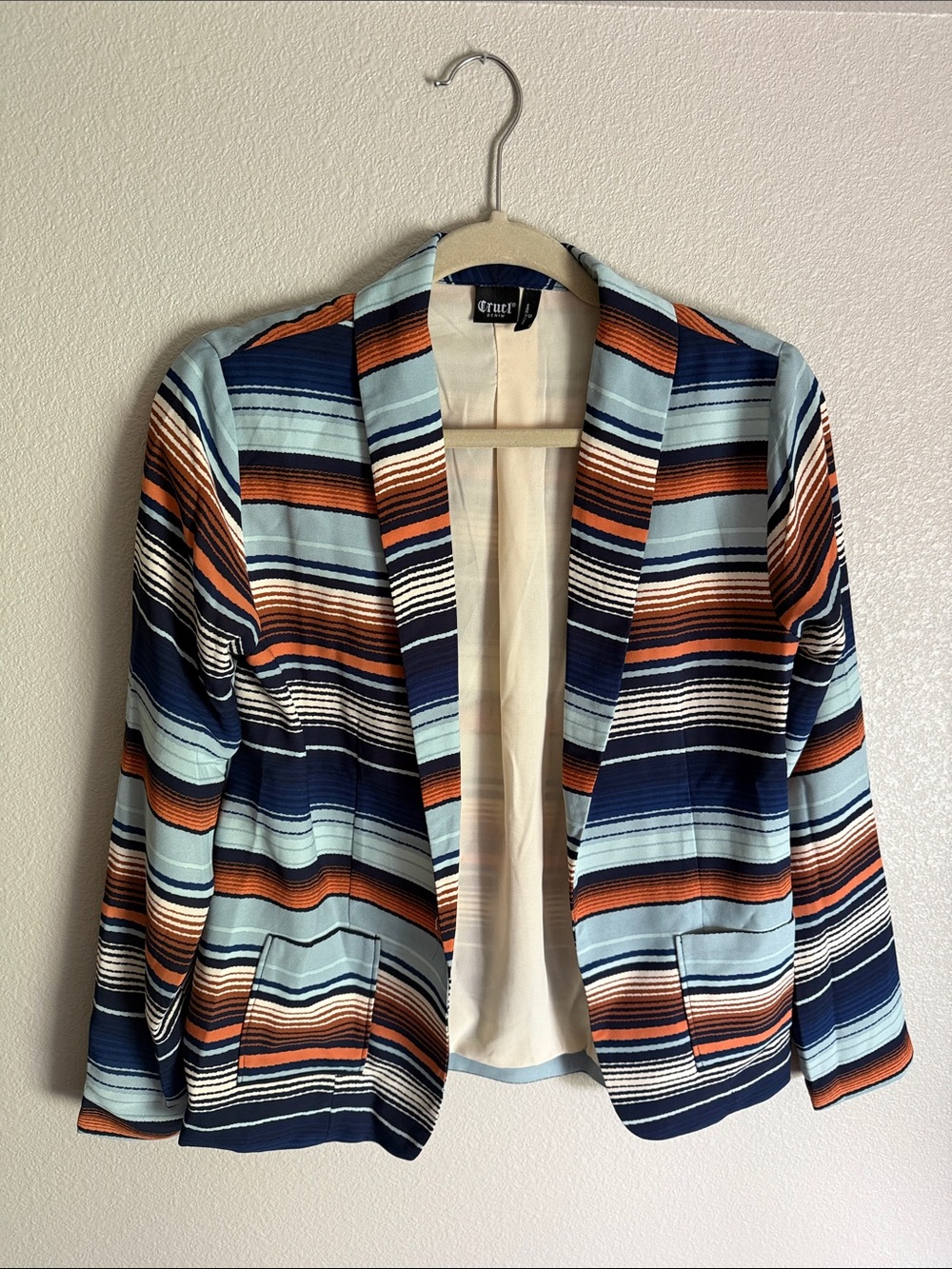 Cruel Girl Striped Open-Front Blazer Jacket - Navy, Light Blue & Orange